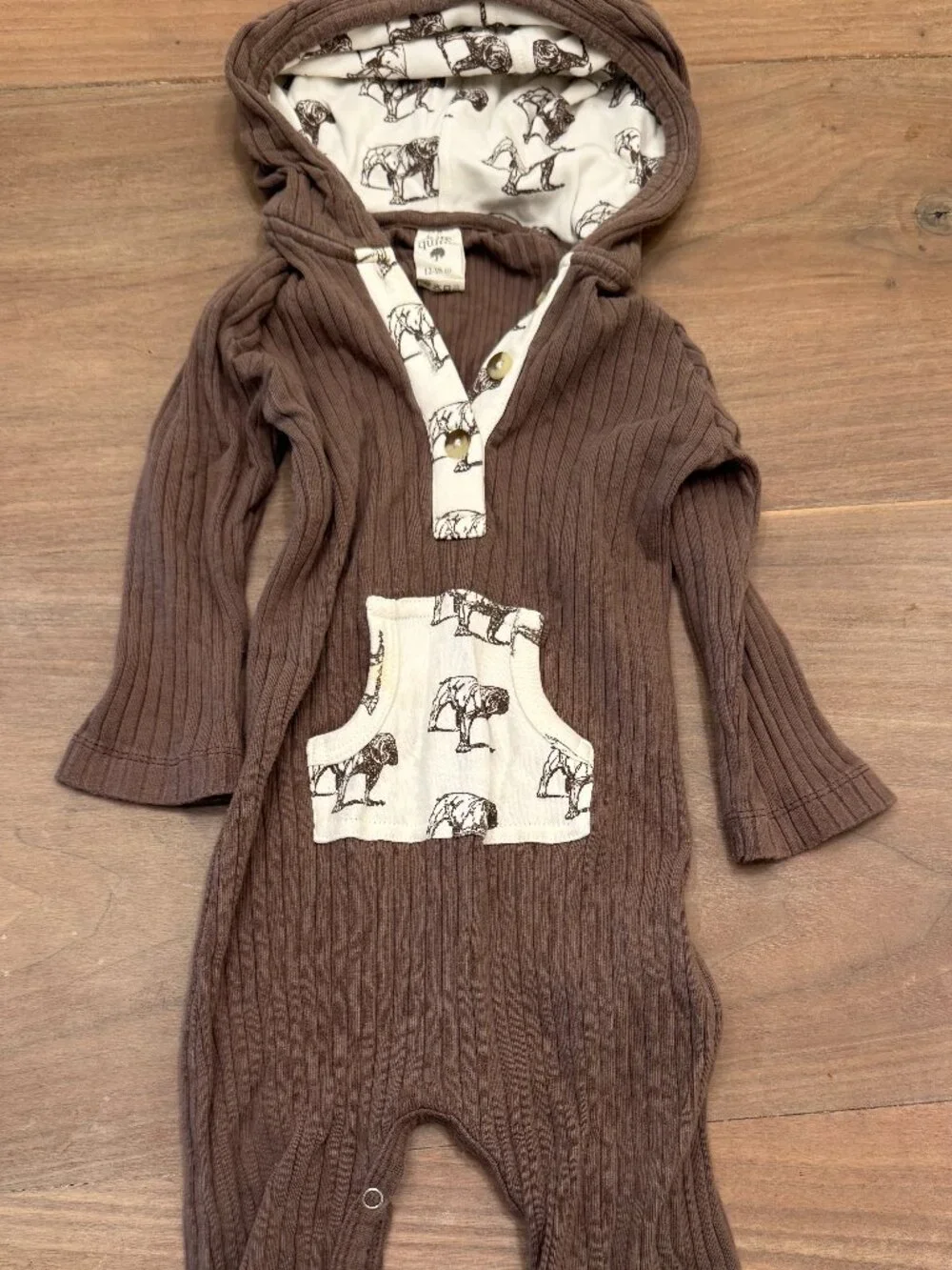 Kate Quinn Brown Ribbed Hooded Romper Bulldog Print Organic 12-18M
